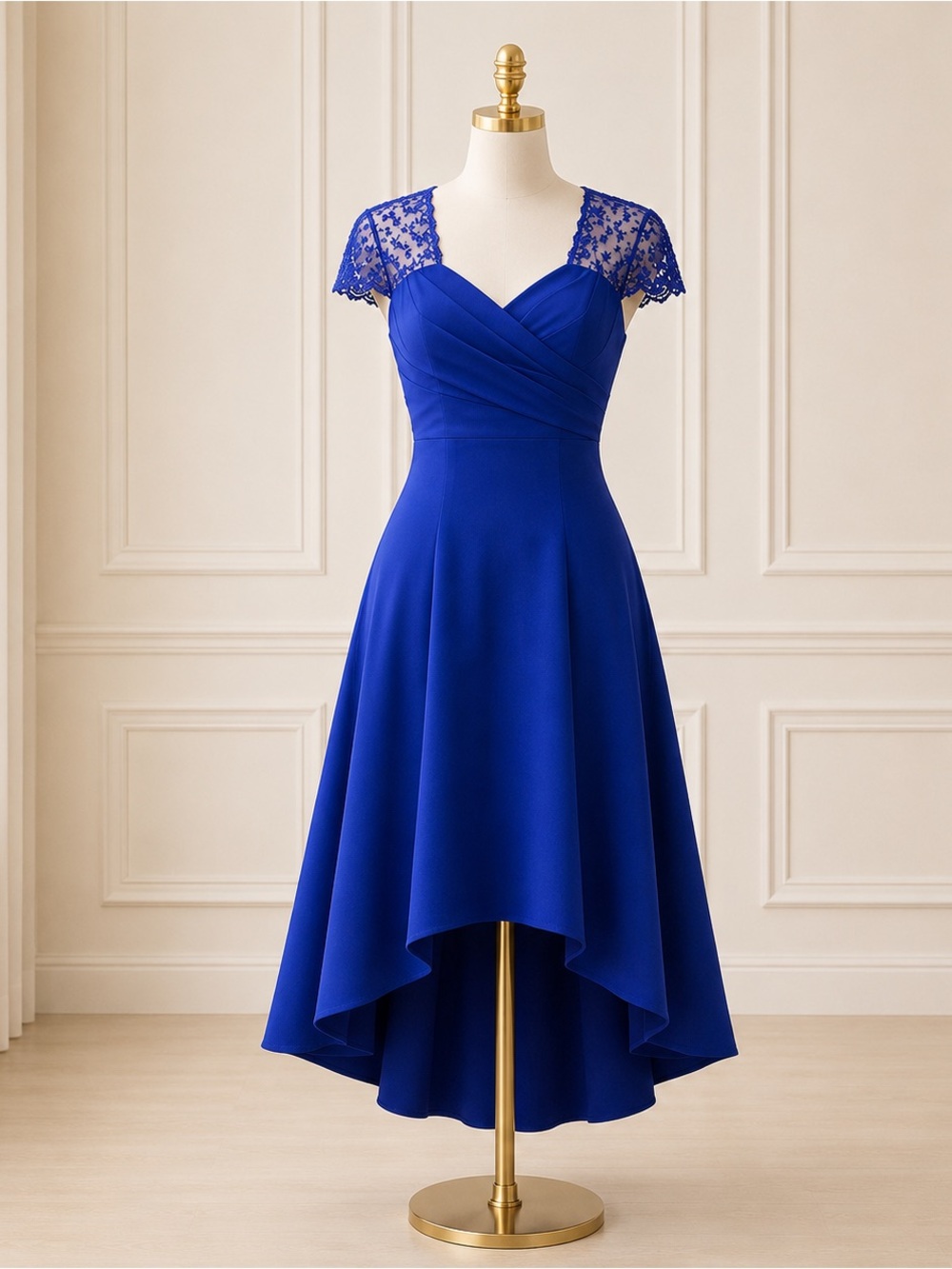 NWT Theia Cobalt Blue High Low Dress Lace Cap Sleeve Cocktail 4 MSRP $695